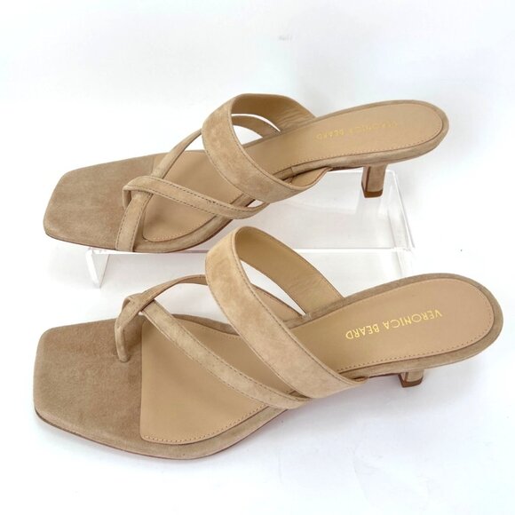 Veronica Beard Alanis Kitten Heel Slides Tan Women Leather Sandals Size 8.5 - Picture 1 of 10